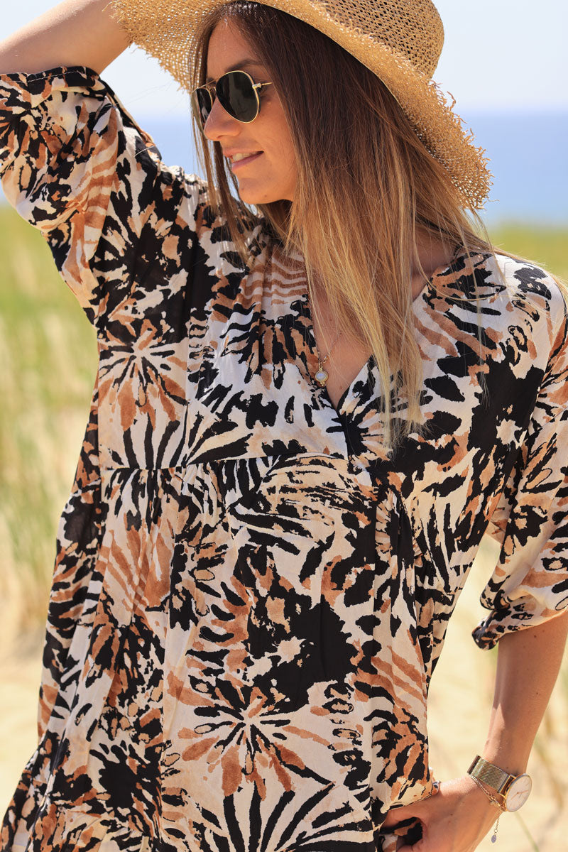 Robe fluide col v imprimé fleurs aquarelle noires et camel