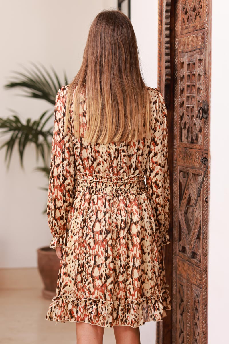 Camel Leopard Ruffled Trim Jersey Dress