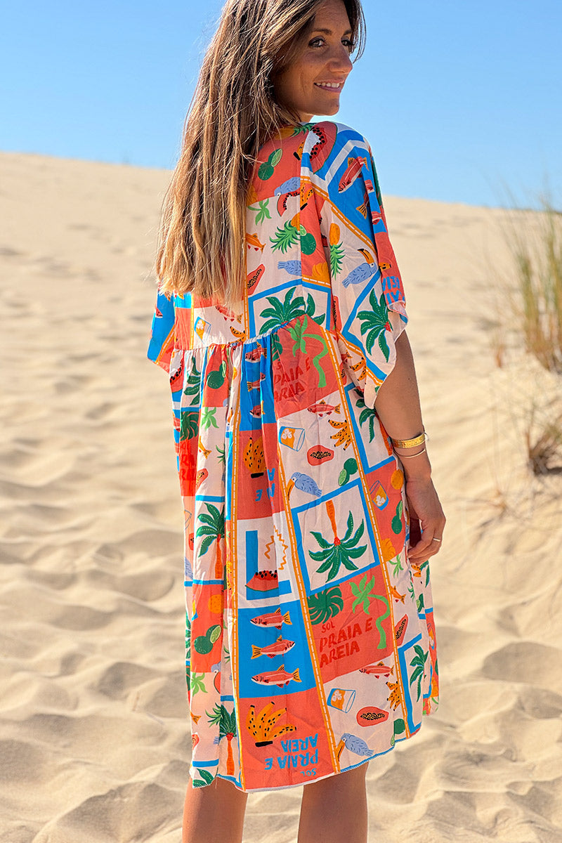 Coral Tropical Block V-Neck Dress