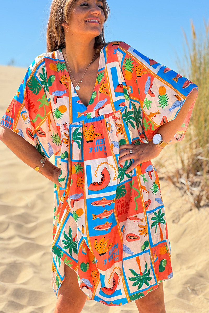 Coral Tropical Block V-Neck Dress