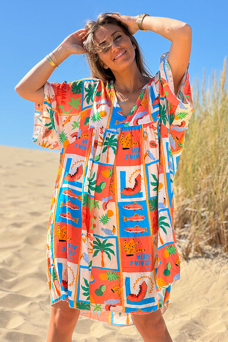 Coral Tropical Block V-Neck Dress