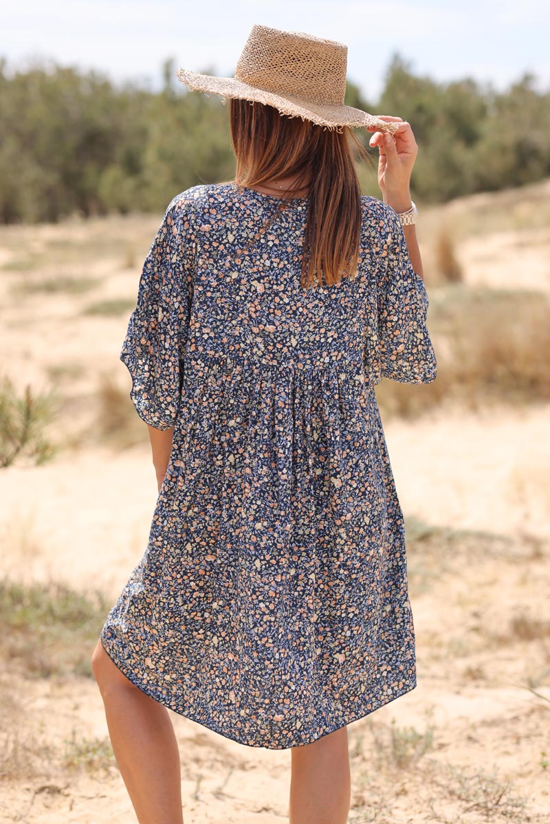 Robe fluide bleu marine imprimé liberty pastel Jeanne