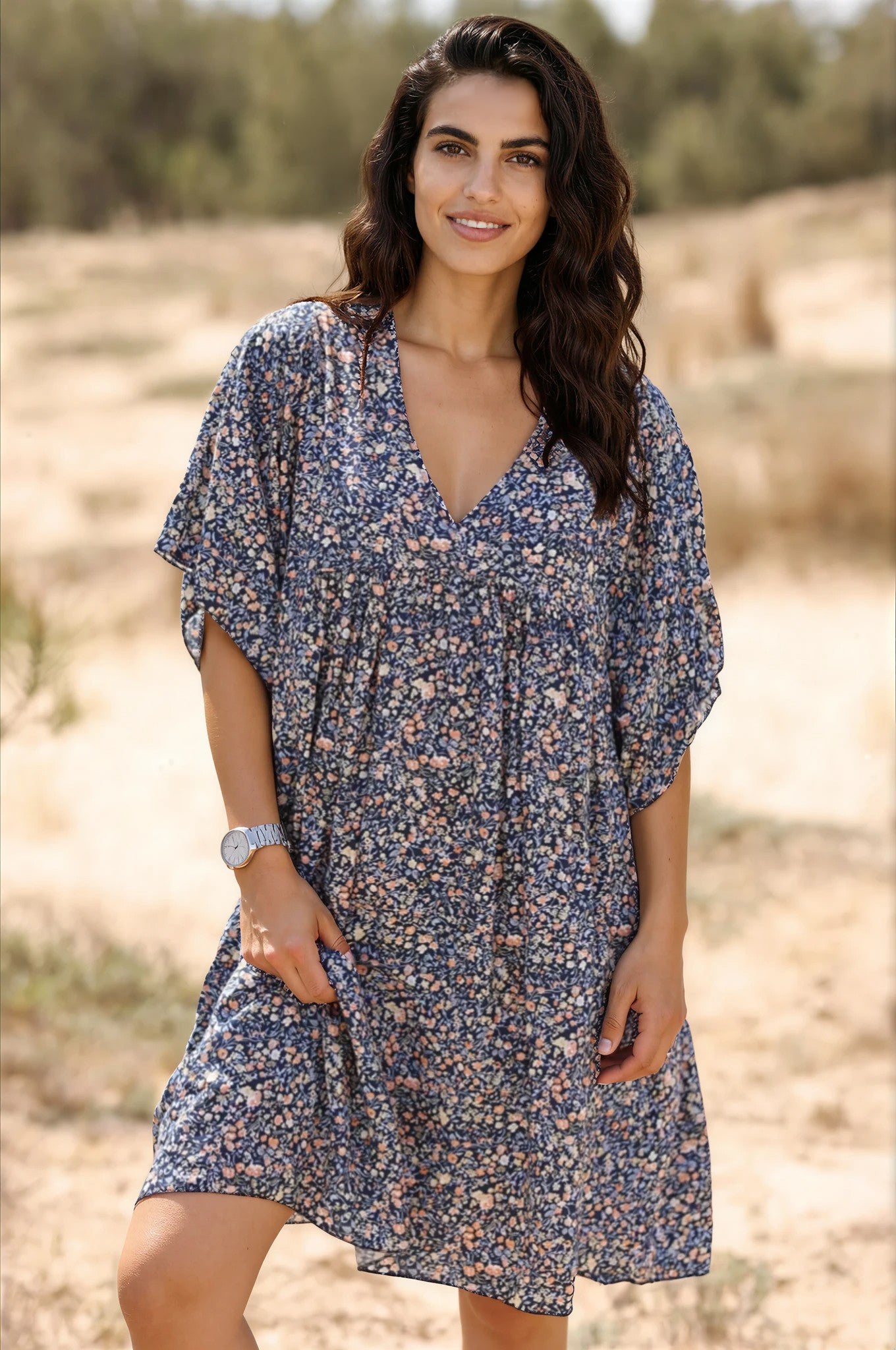 Navy blue liberty print flowing smock dress Jeanne