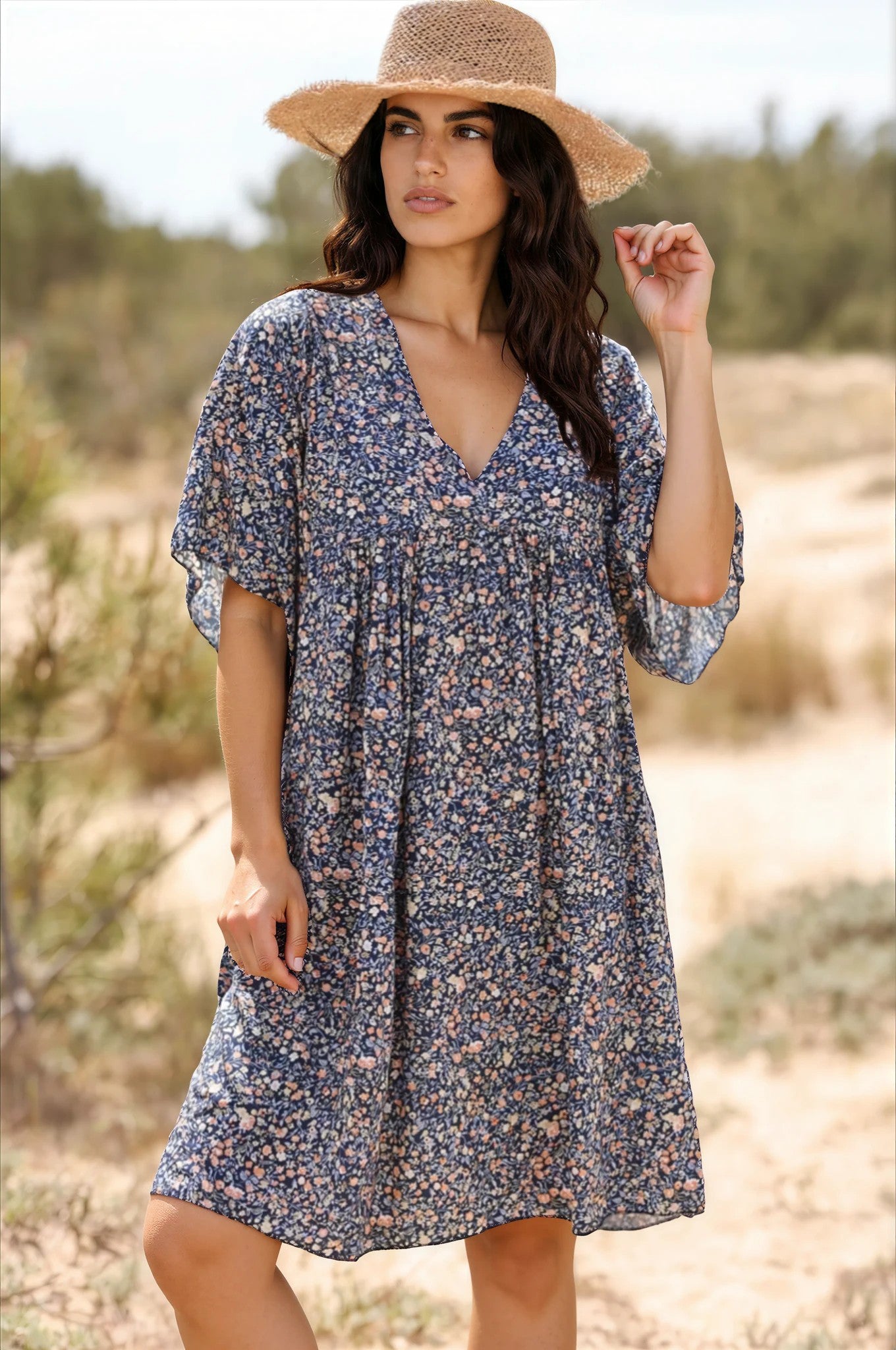 Navy blue liberty print flowing smock dress Jeanne