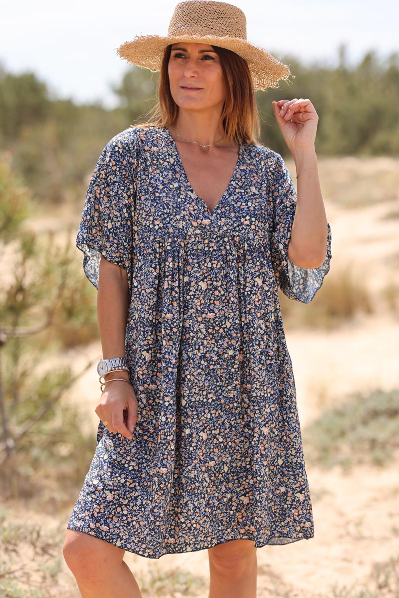 Robe fluide bleu marine imprimé liberty pastel Jeanne