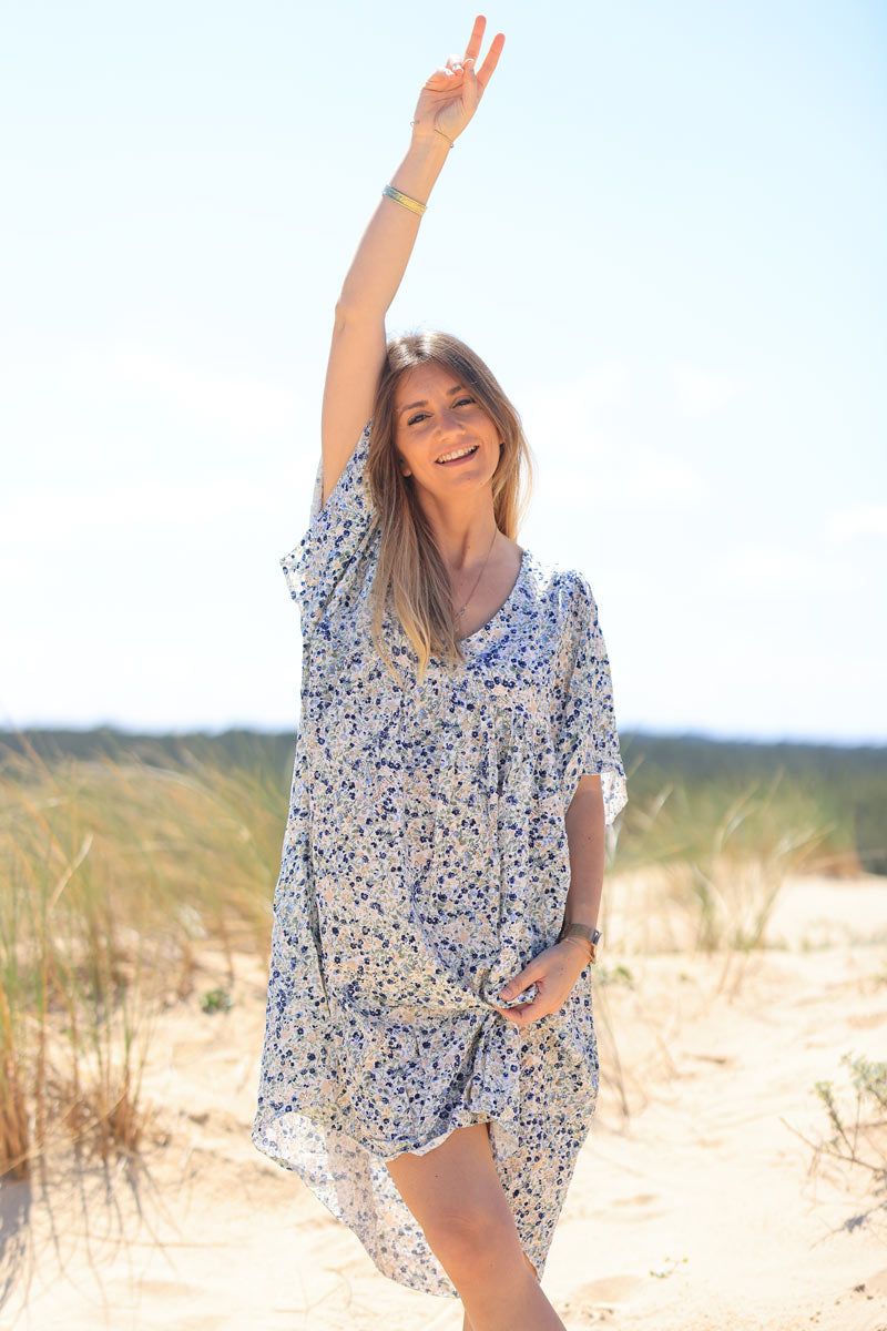 Vestido fluido Jeanne azul marino estampado liberty
