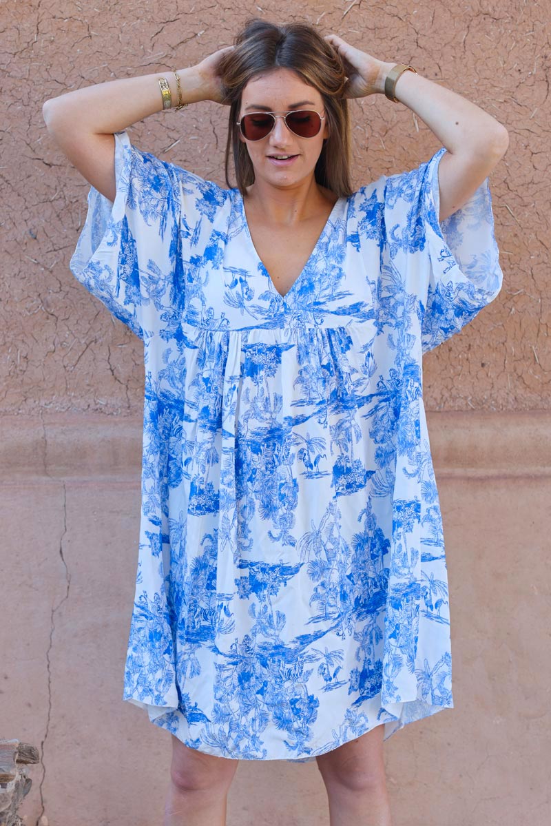 Vestido fluido azul royal estampado toile de jouy