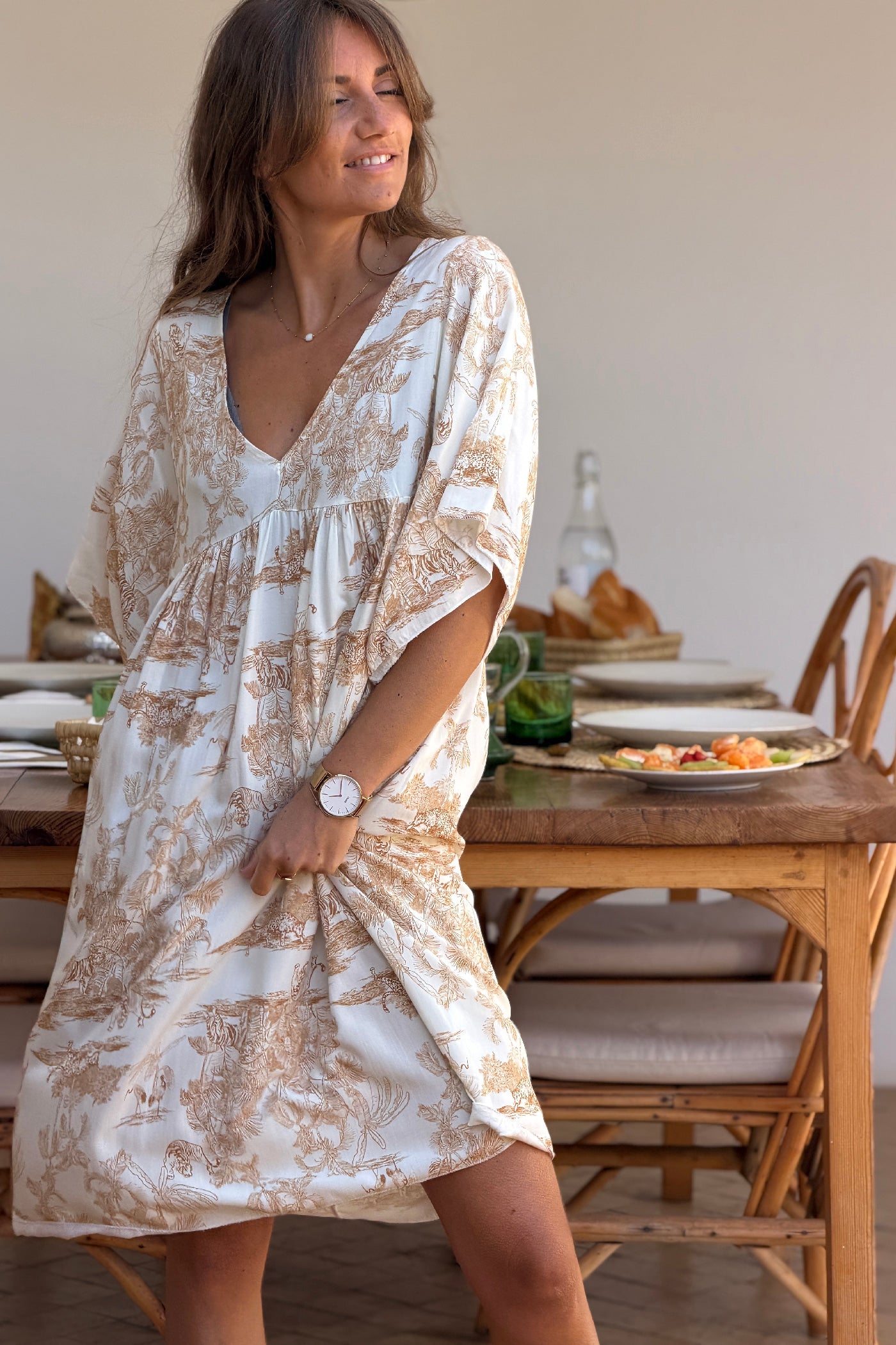 Robe fluide imprimé toile de jouy beige