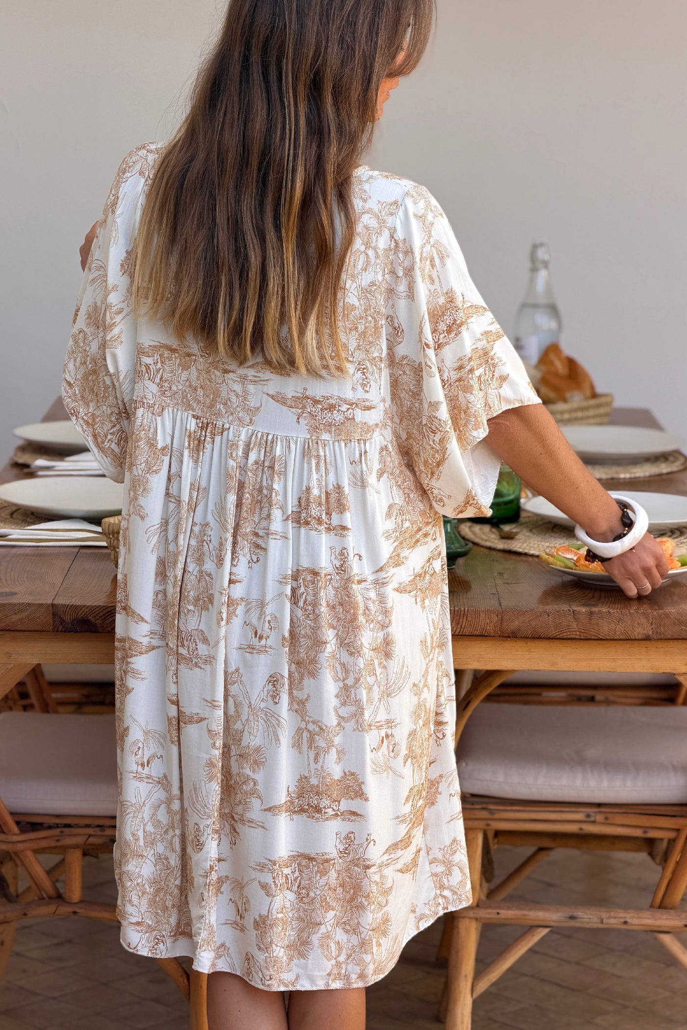 Robe fluide imprimé toile de jouy beige