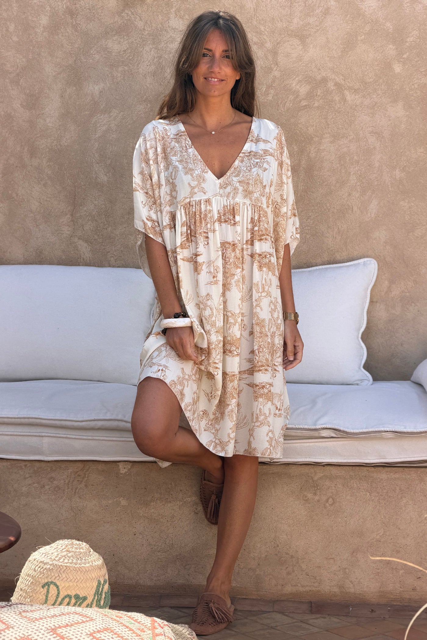 Robe fluide imprimé toile de jouy beige