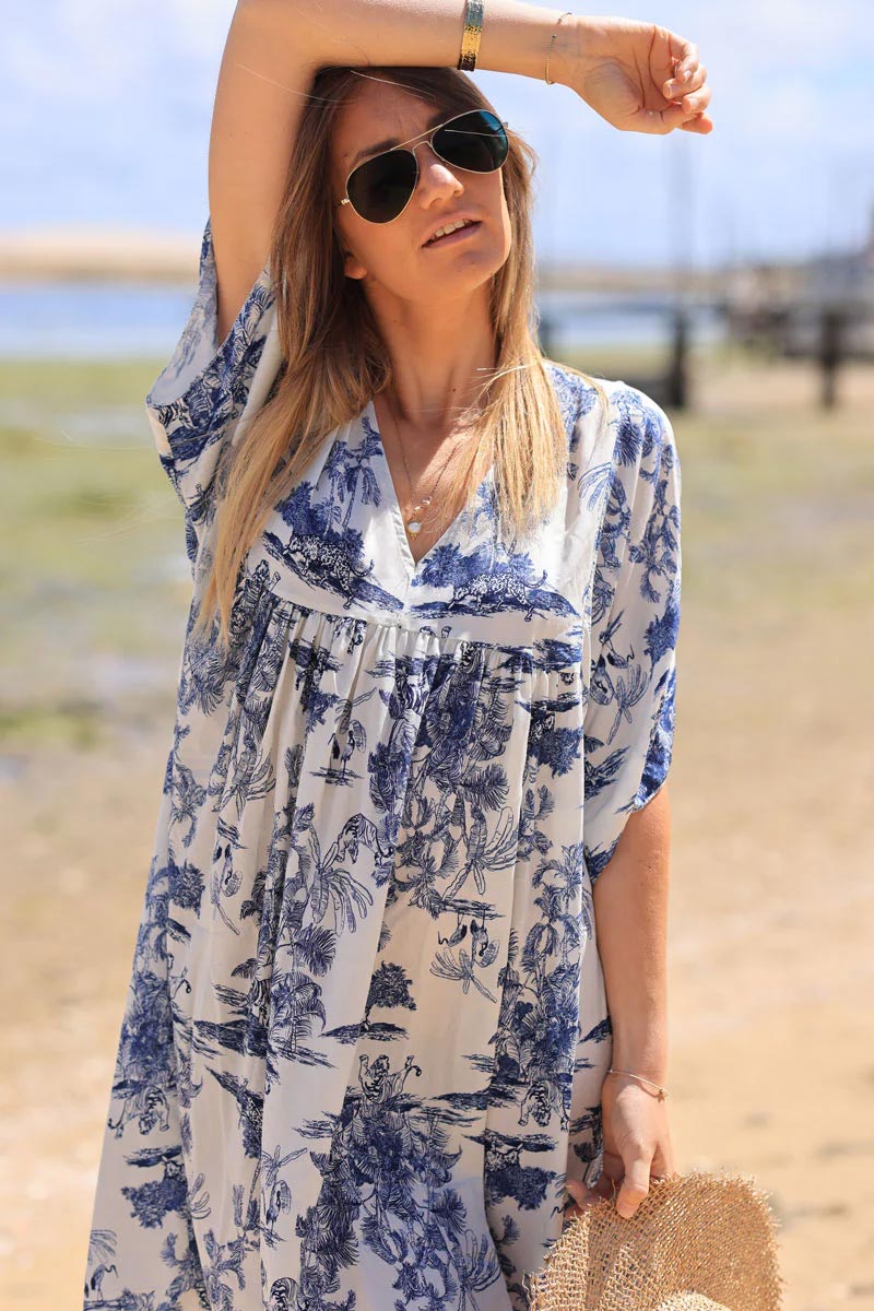 Robe fluide imprimé toile de jouy bleu marine