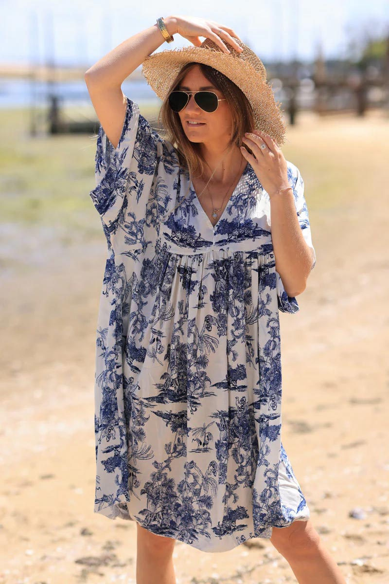 Robe fluide imprimé toile de jouy bleu marine