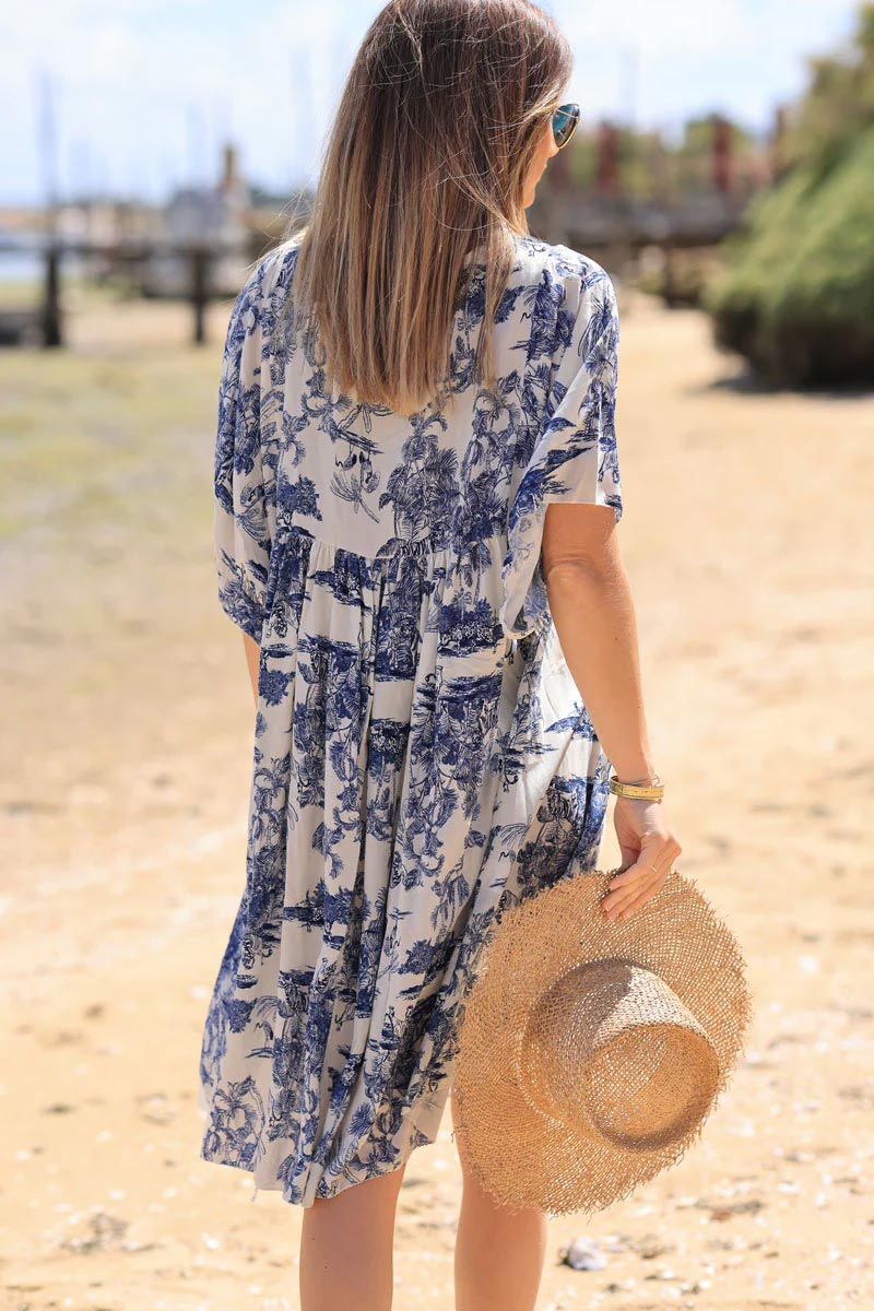 Robe fluide imprimé toile de jouy bleu marine