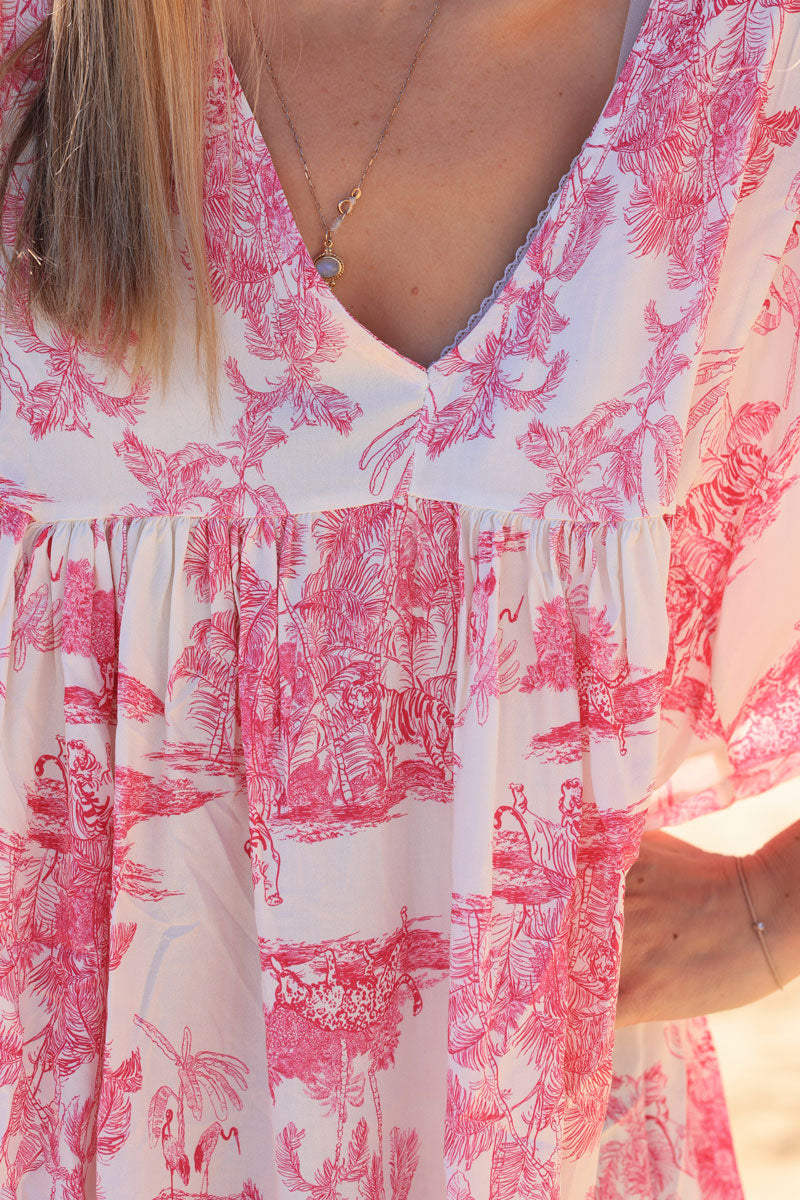 Robe fluide imprimé toile de jouy fuchsia