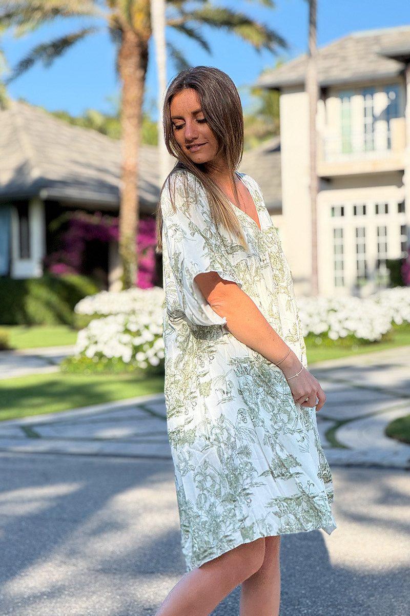 Robe fluide imprimé toile de jouy kaki