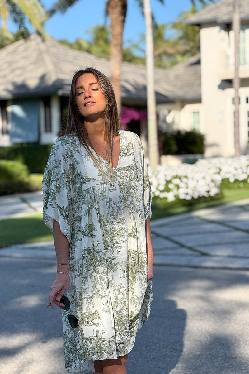 Robe fluide imprimé toile de jouy kaki
