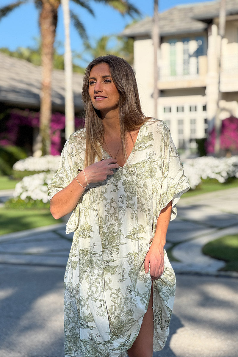 Robe fluide imprimé toile de jouy kaki