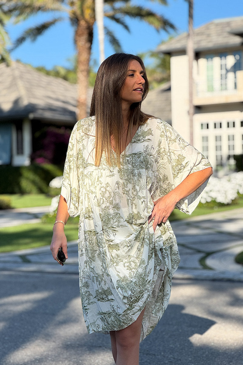 Robe fluide imprimé toile de jouy kaki