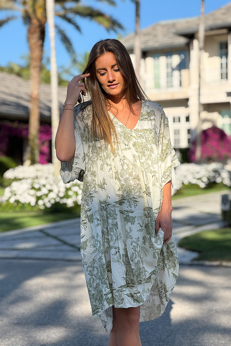 Robe fluide imprimé toile de jouy kaki