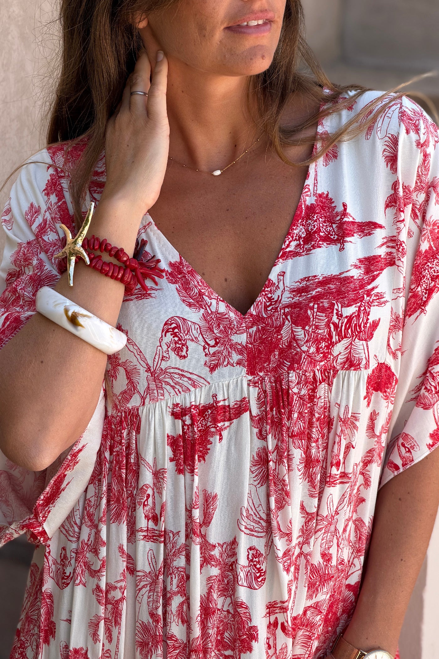 Cream and Coral Toile de Jouy Viscose Dress