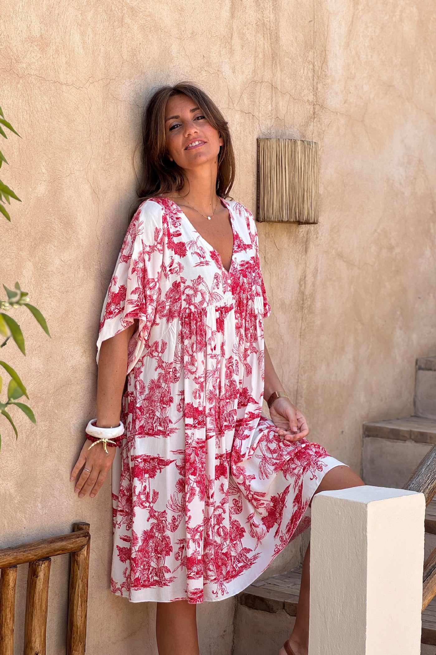 Cream and Coral Toile de Jouy Viscose Dress