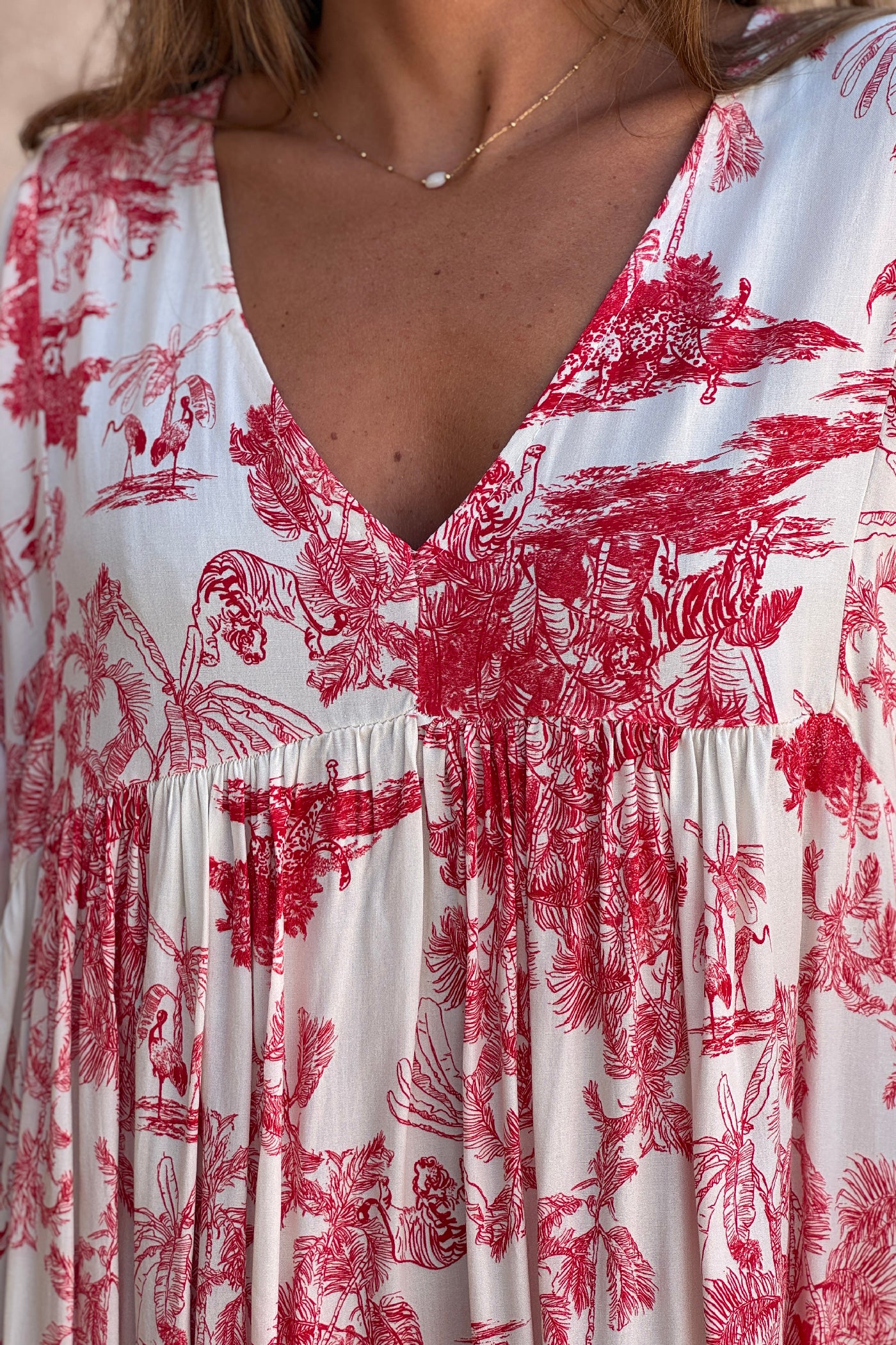 Cream and Coral Toile de Jouy Viscose Dress