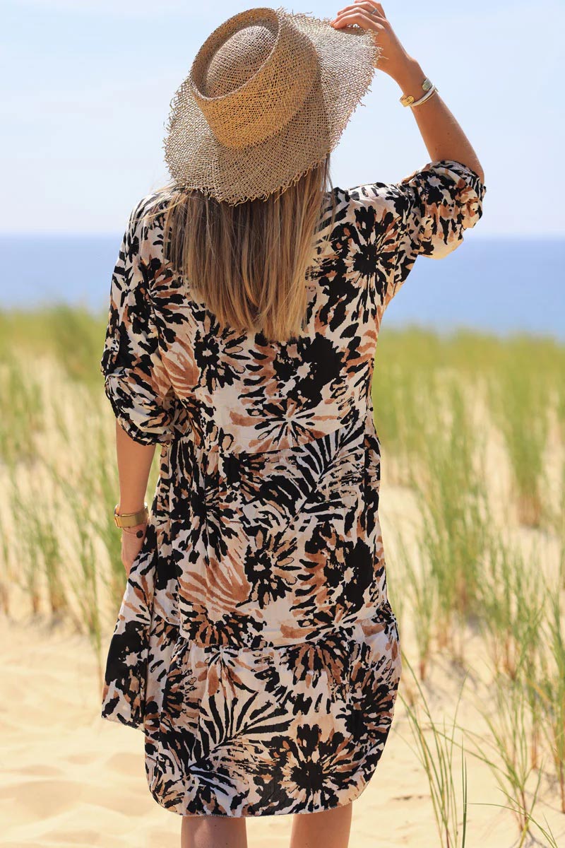 Robe fluide col v imprimé fleurs aquarelle noires et camel