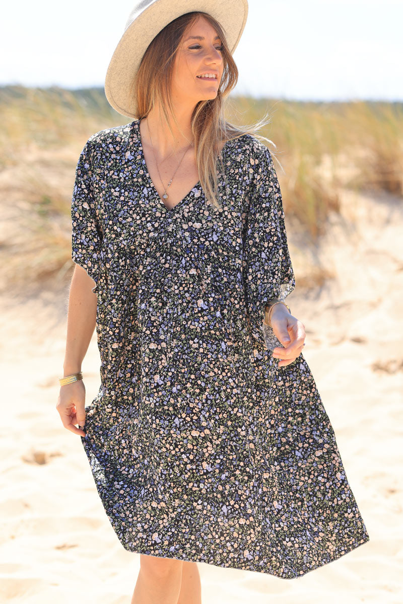 Robe fluide noire imprimé liberty pastel Jeanne
