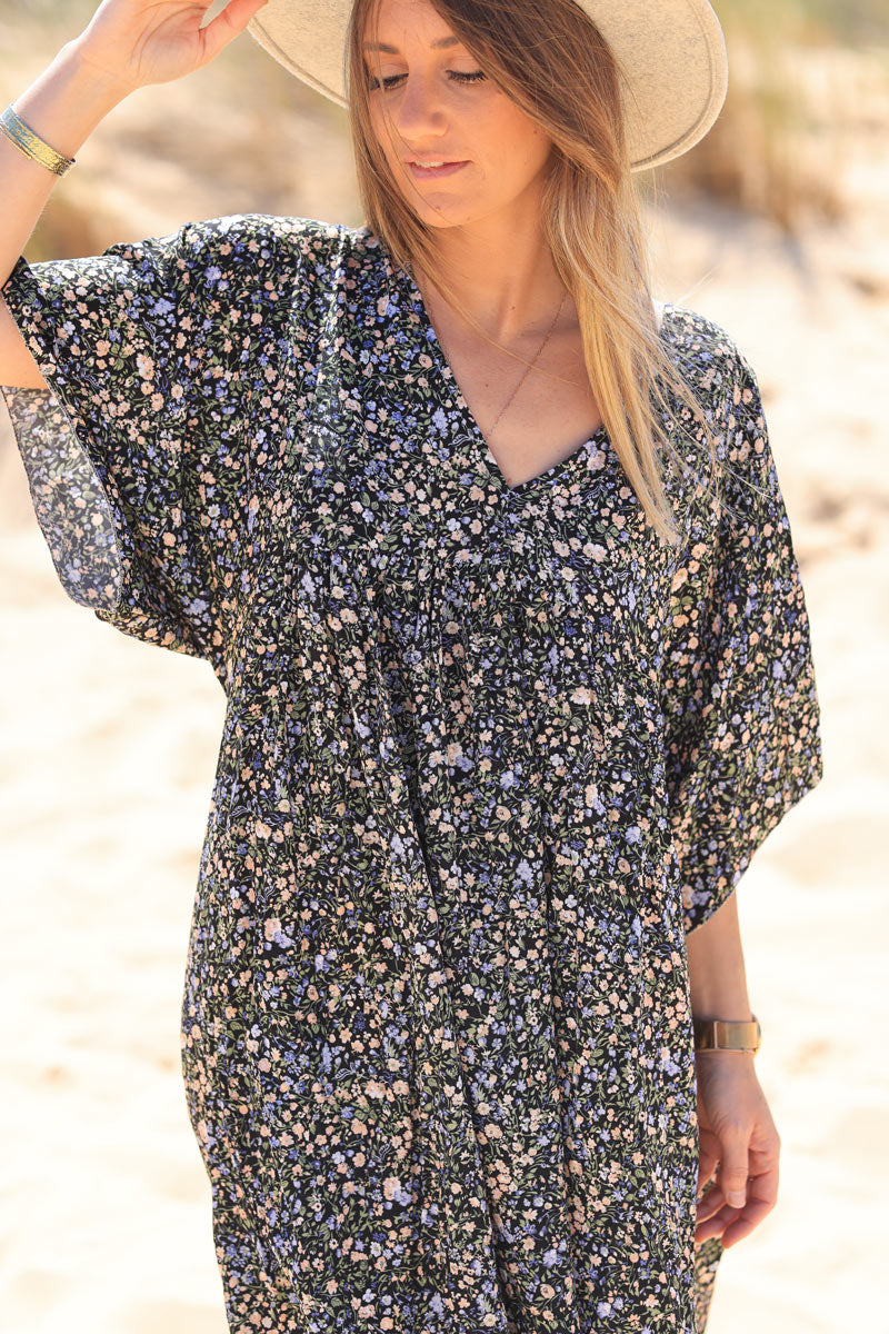 Robe fluide noire imprimé liberty pastel Jeanne