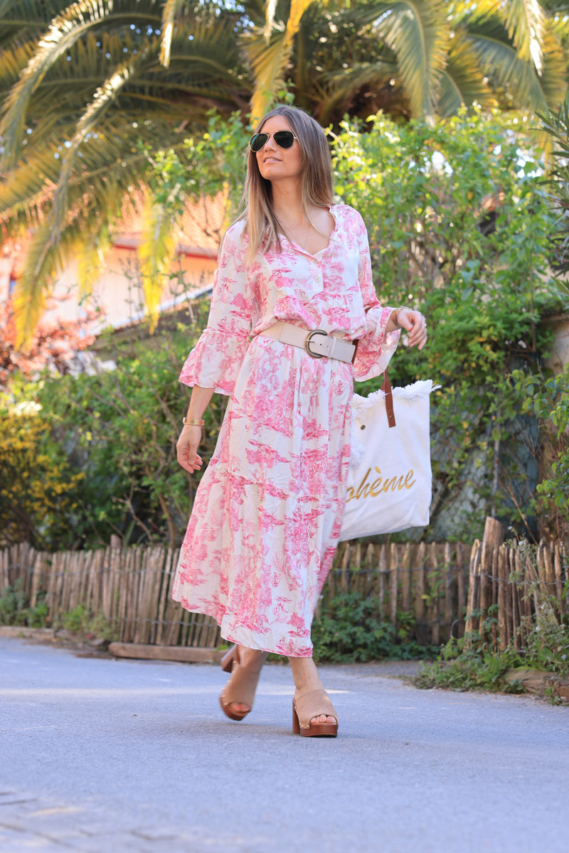 Vestido largo fucsia estampado toile de jouy