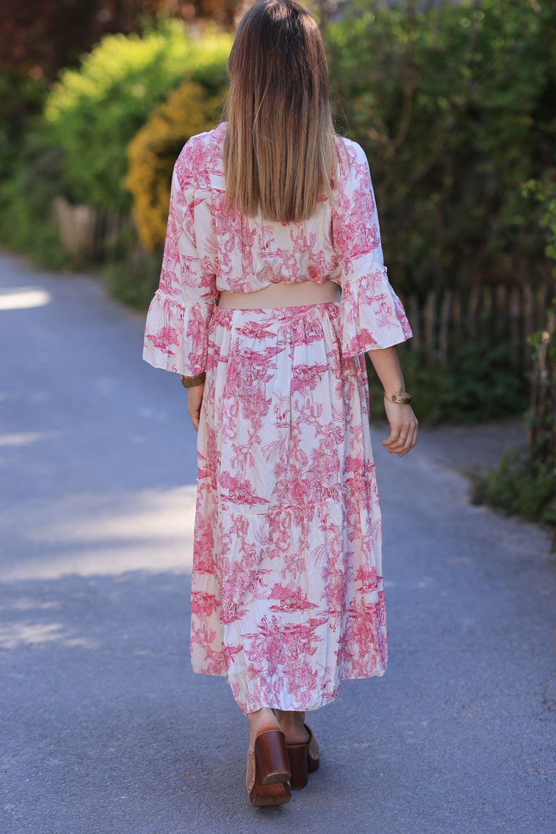 Vestido largo fucsia estampado toile de jouy