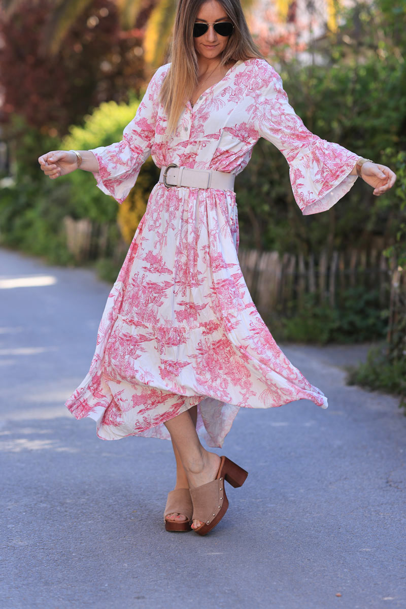 Vestido largo fucsia estampado toile de jouy