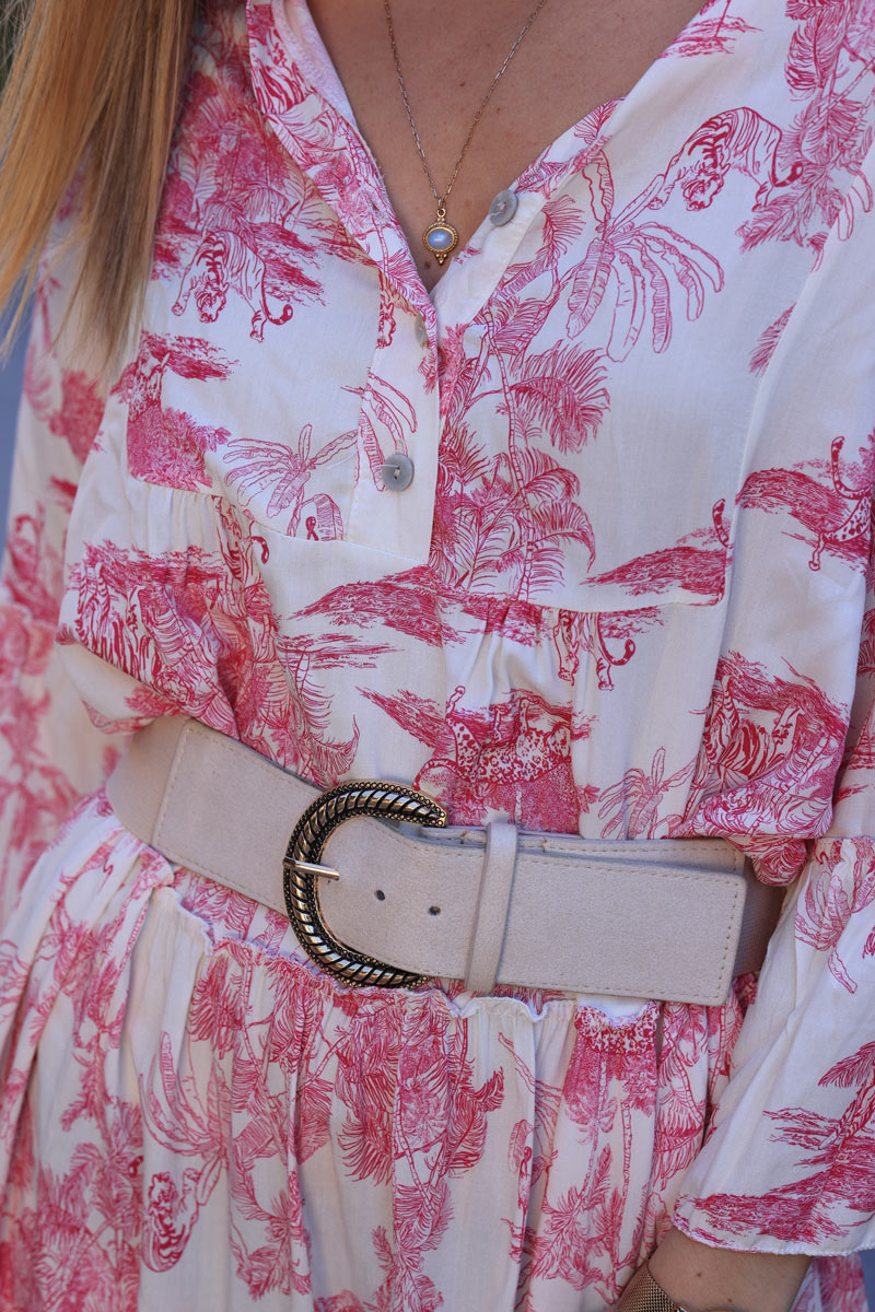 Vestido largo fucsia estampado toile de jouy