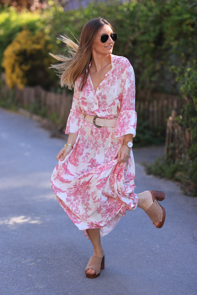 Vestido largo fucsia estampado toile de jouy