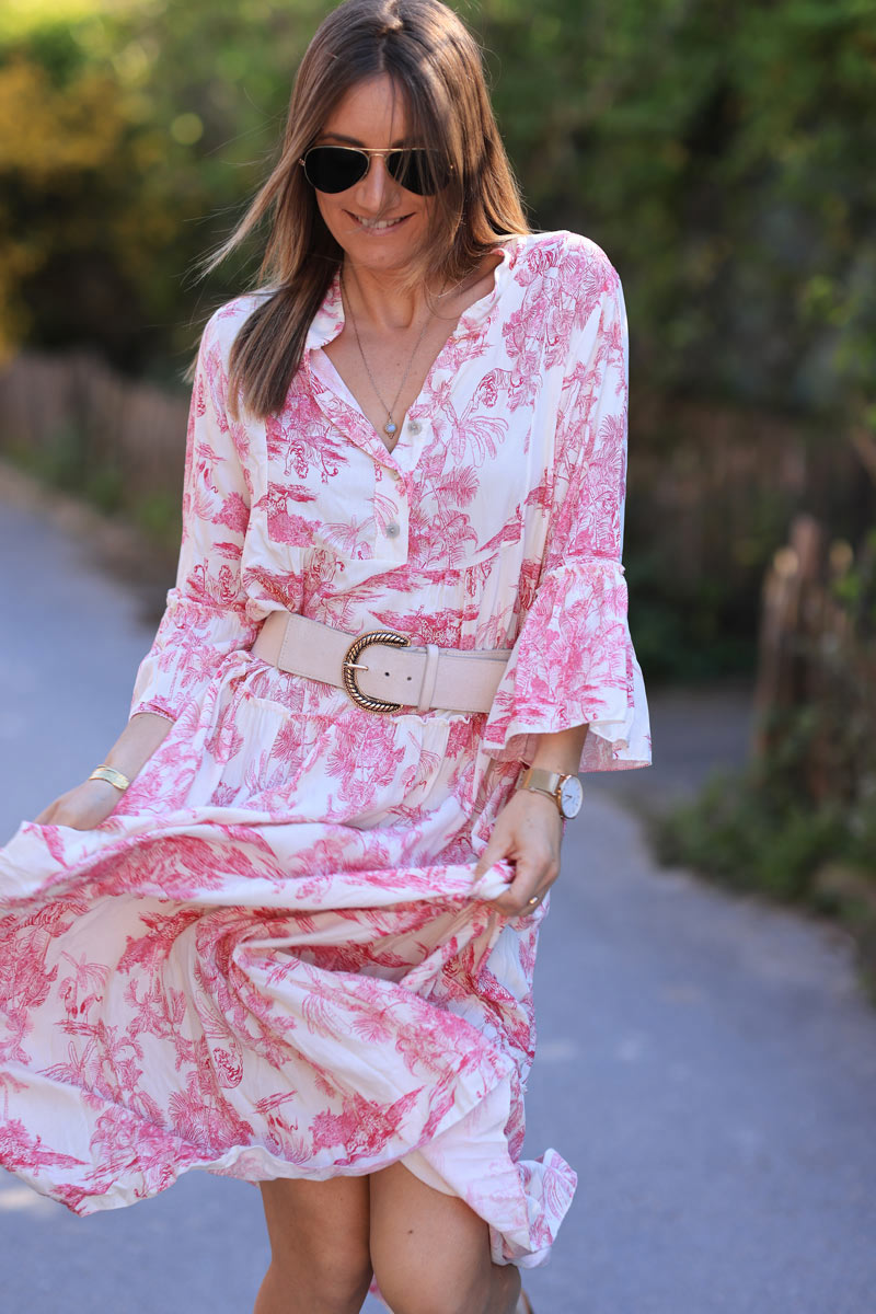 Vestido largo fucsia estampado toile de jouy