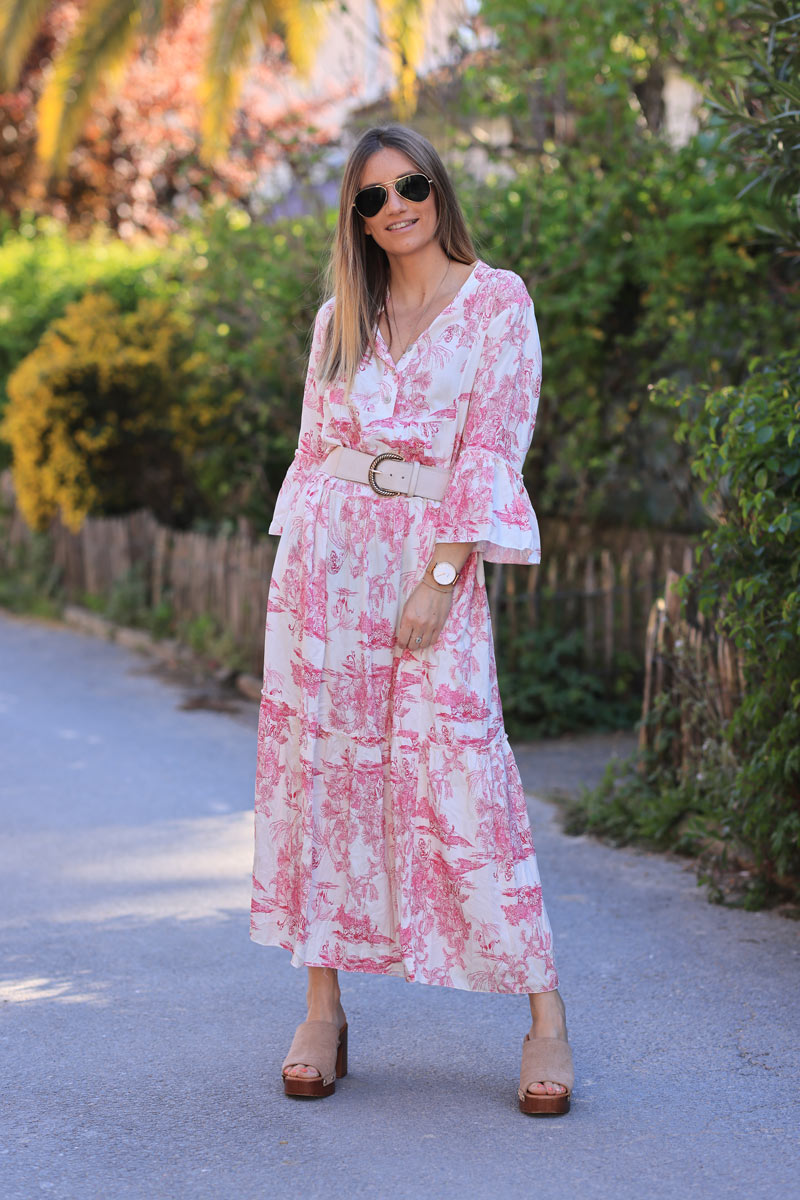 Vestido largo fucsia estampado toile de jouy