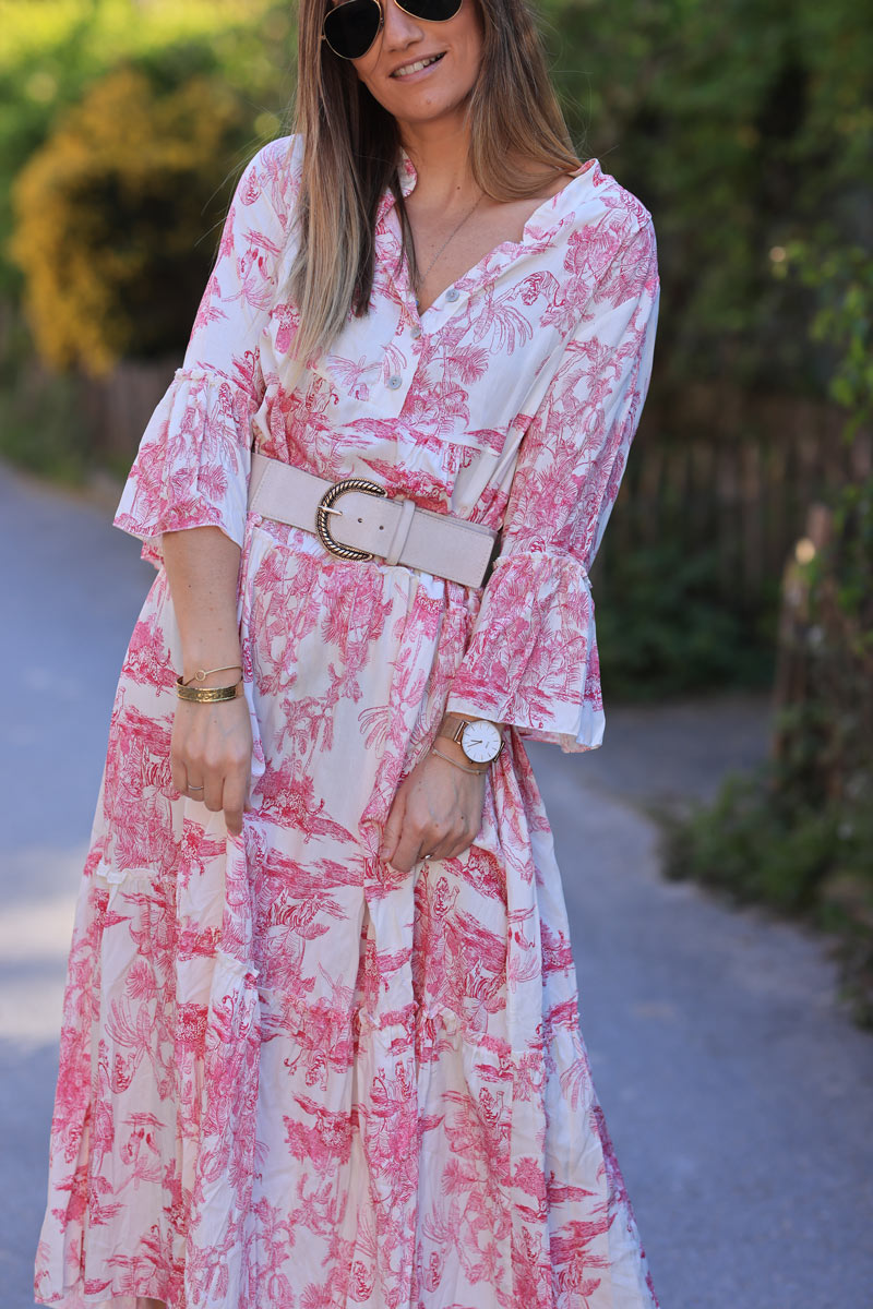Vestido largo fucsia estampado toile de jouy