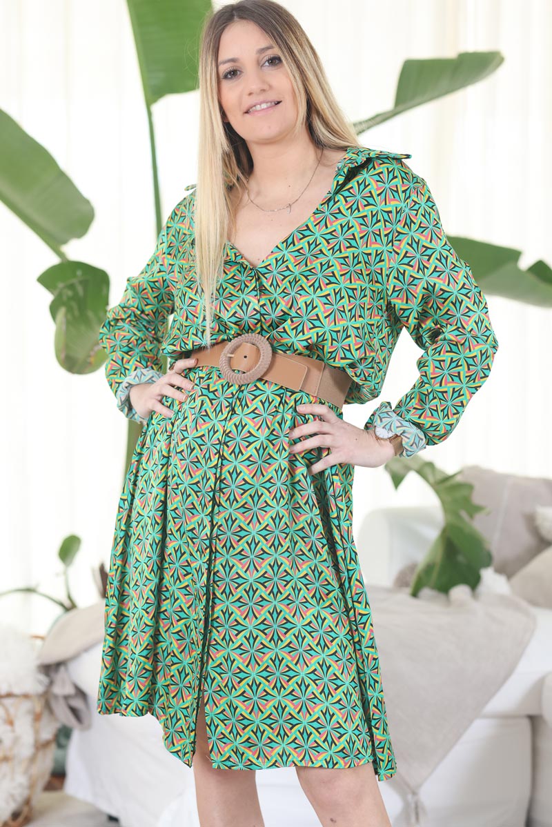 Robe fluide verte en soie boutonnee col chemise imprime 70s g002 (1)