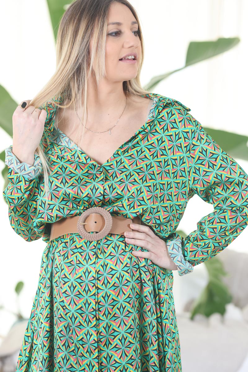 Robe fluide verte en soie boutonnee col chemise imprime 70s g002 (1)