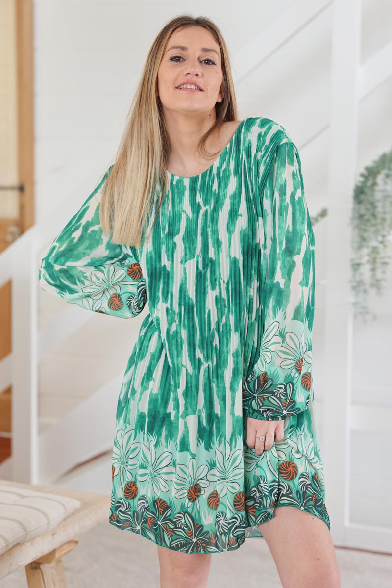 Robe fluide voilage plisse imprime vert et fleurs H001 (1)