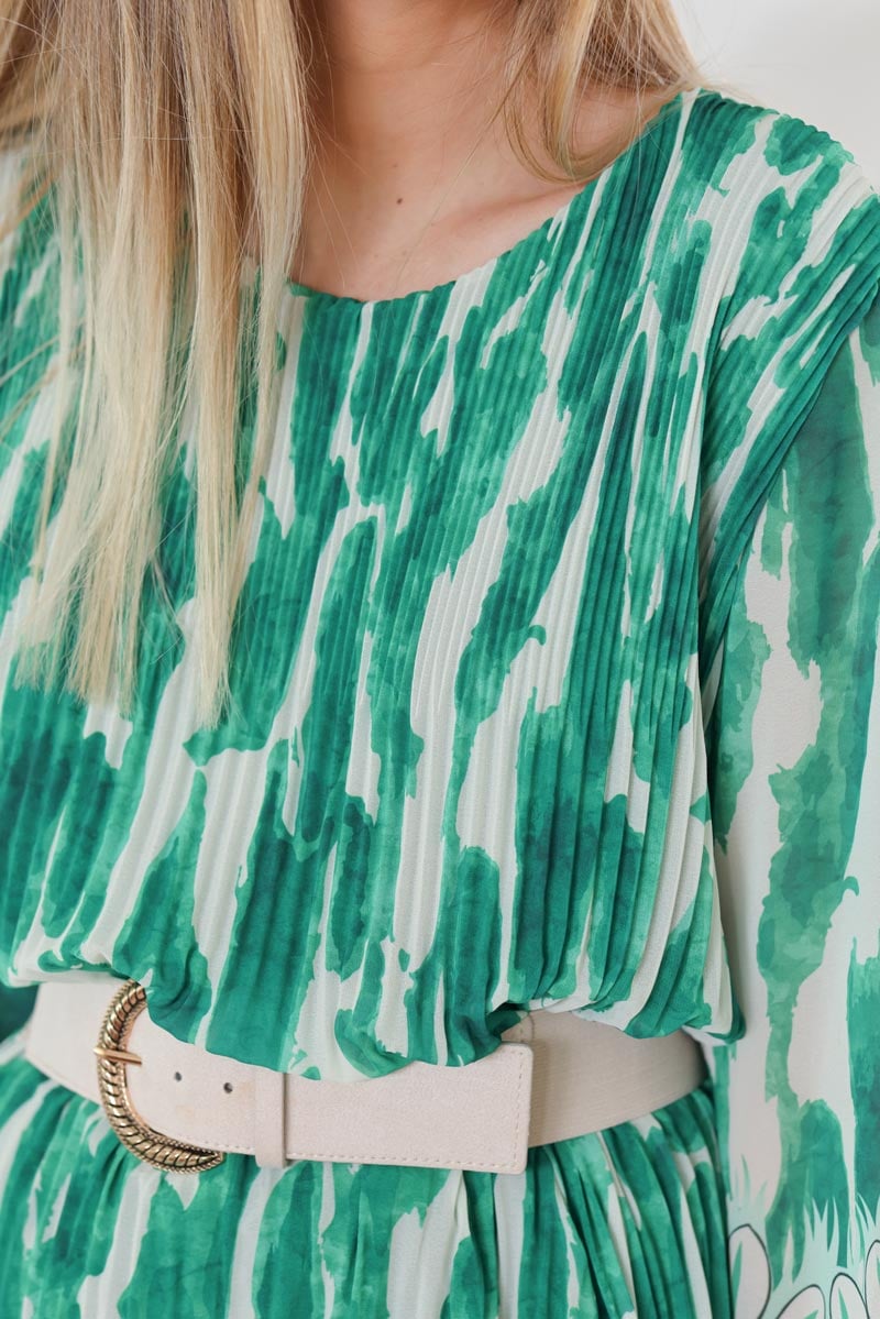 Robe fluide voilage plisse imprime vert et fleurs H001 (1)
