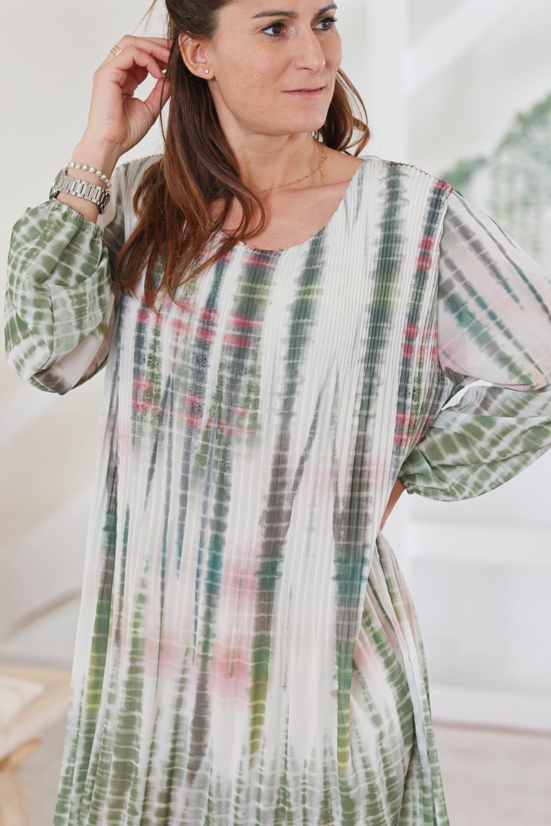 Robe fluide voilage plissee tie and dye croco kaki H002 (1)