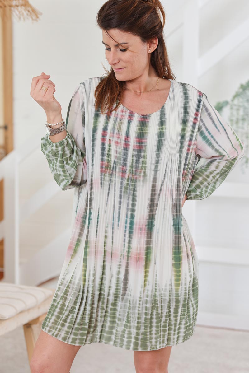 Robe fluide voilage plissee tie and dye croco kaki H002 (1)