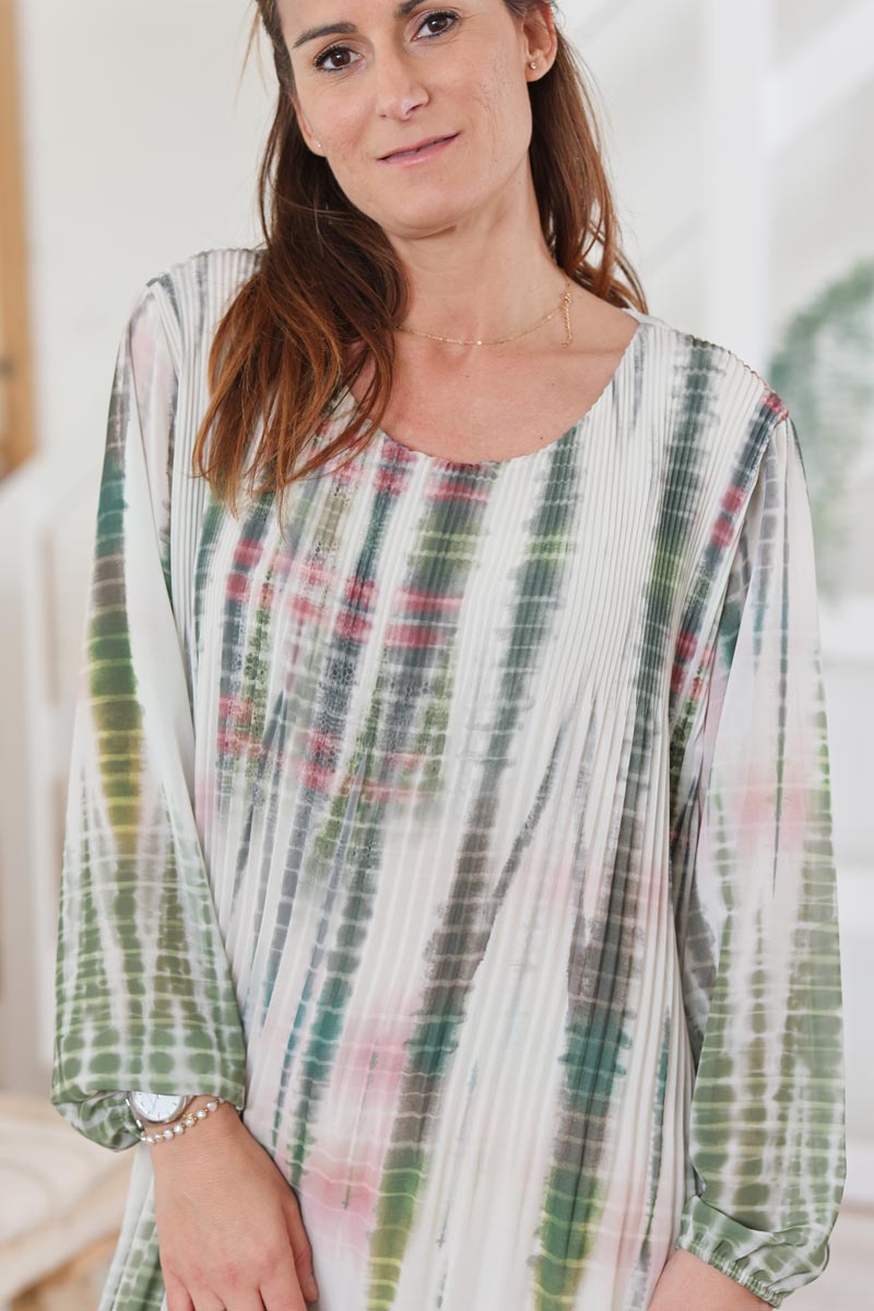 Robe fluide voilage plissee tie and dye croco kaki H002 (1)