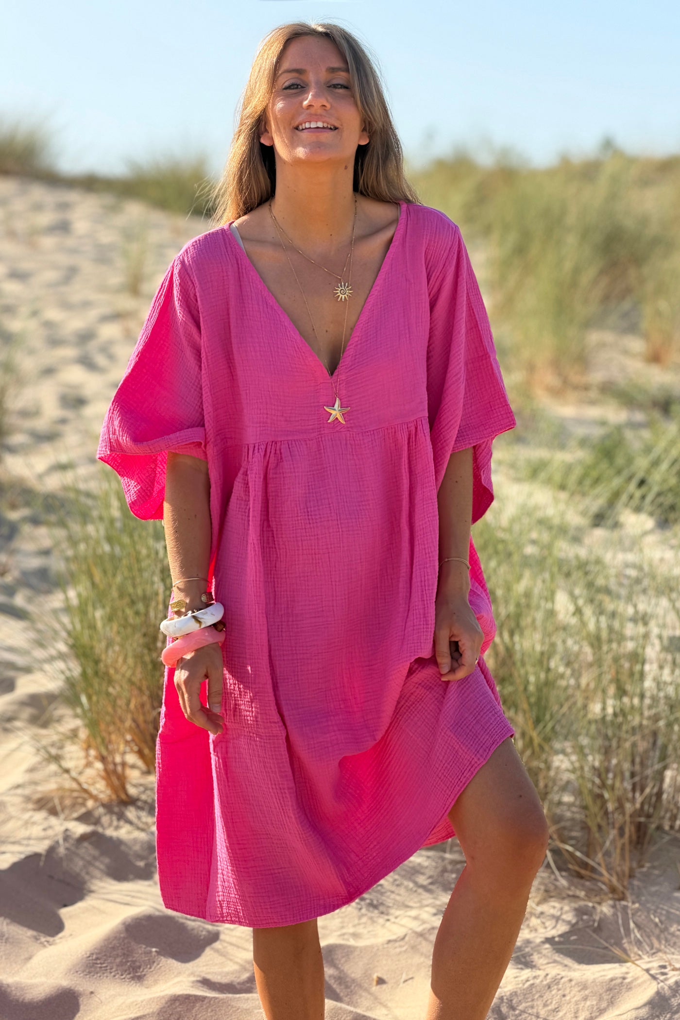 hot pink gauze dress Double Gauze Raw Edge V-Neck Dress Hot Pink