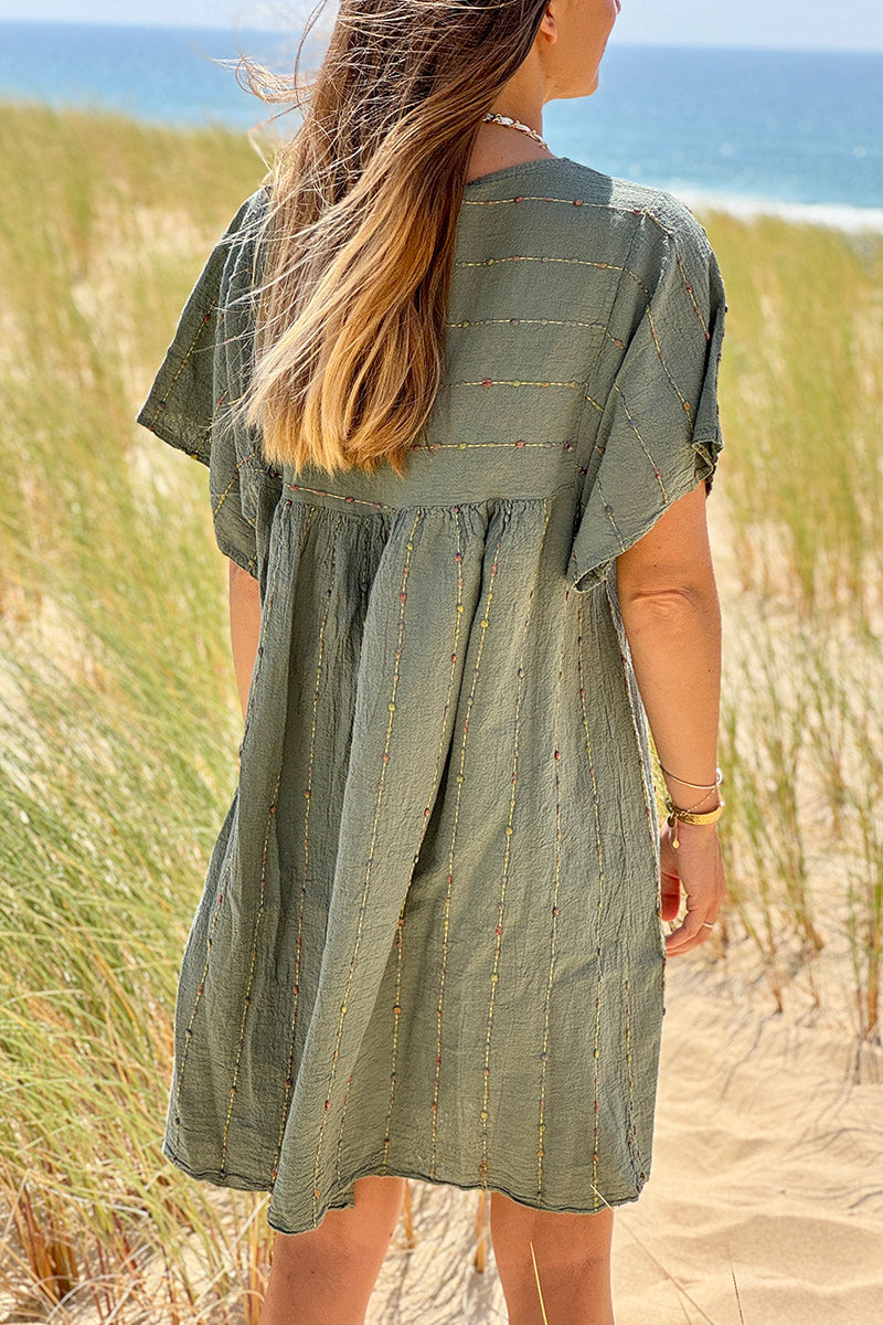 Olive Boucle Stripe Gauze Dress