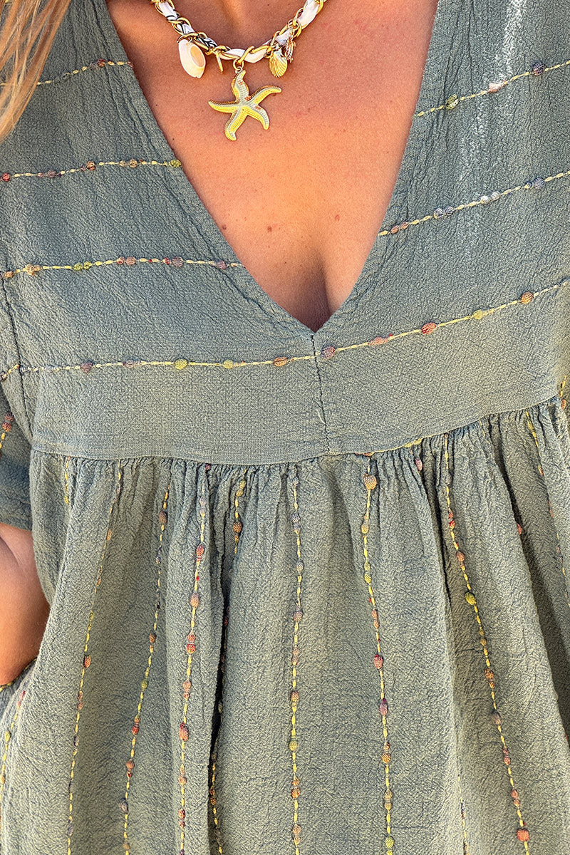 Olive Boucle Stripe Gauze Dress