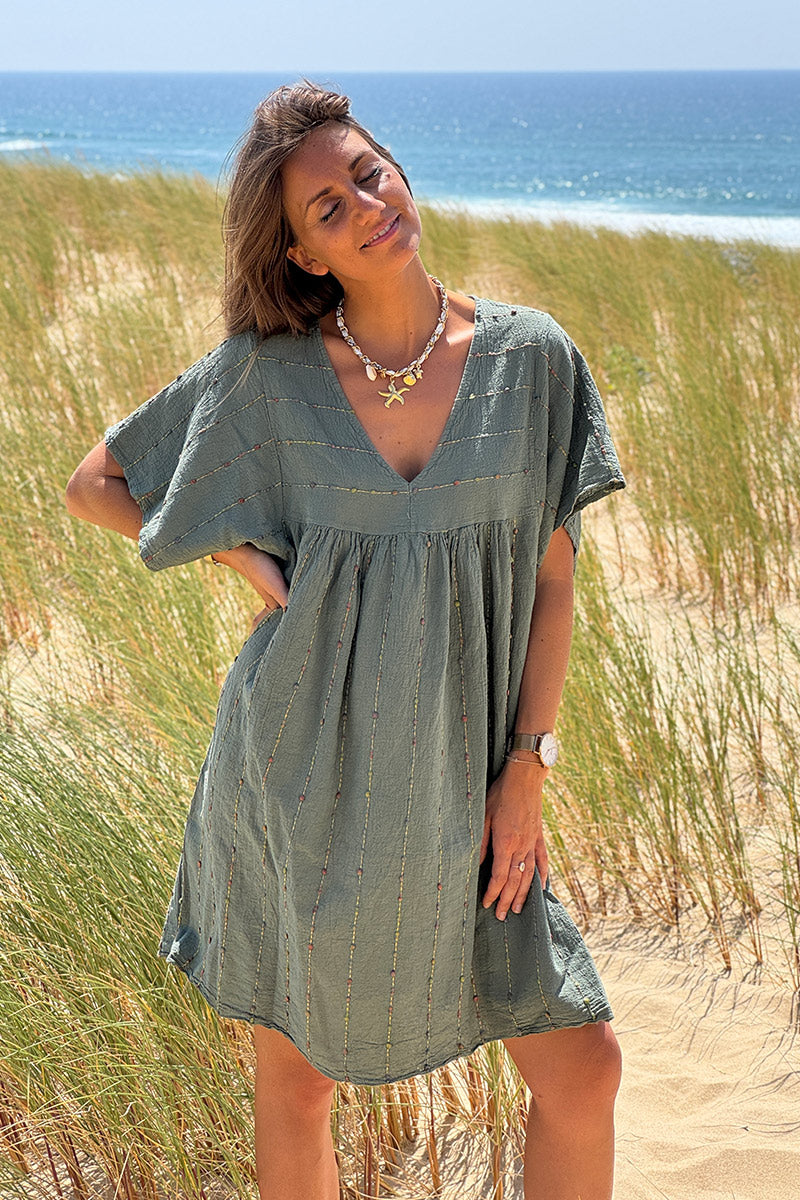 Olive Boucle Stripe Gauze Dress