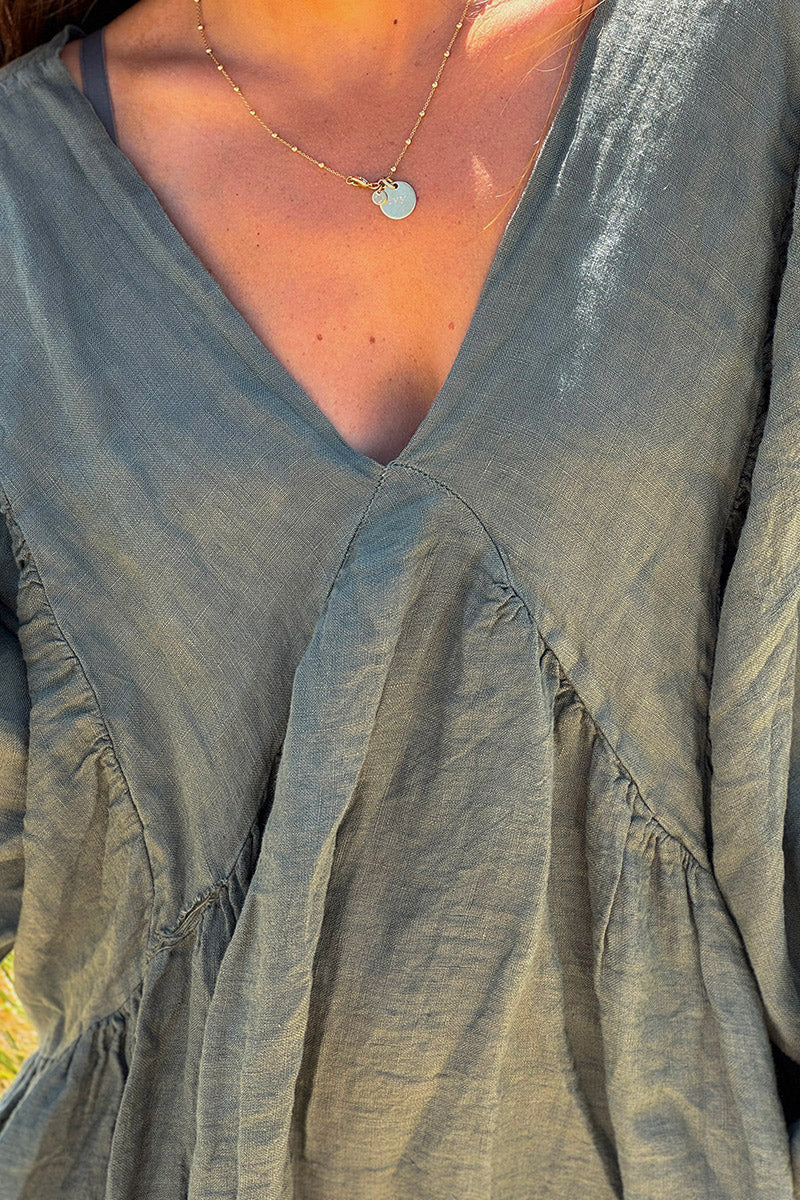 Khaki Linen Babydoll Dress