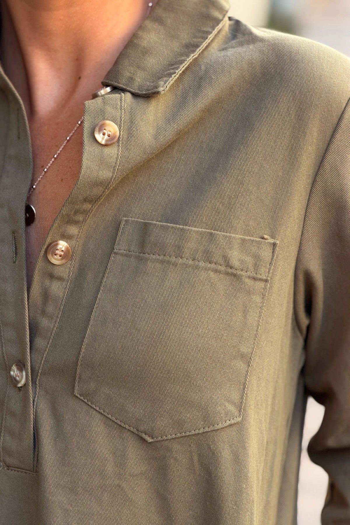 Olive Woven Half-Placket Long-Sleeve Dress